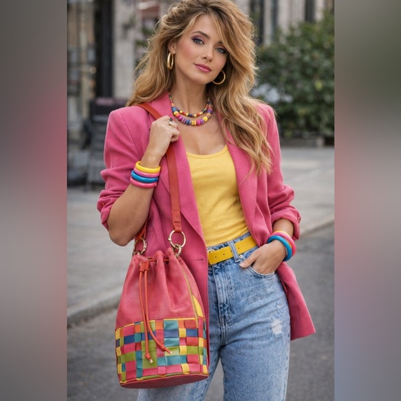 Vintage Handbags - Joseph B Exclusive New York Colorful Woven Bucket Bag Boho Drawstring Crossbody